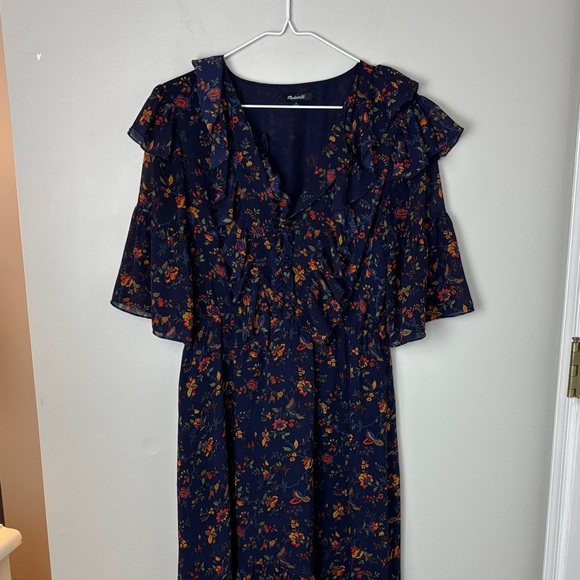 Madewell Navy Ruffle Floral Long Sleeve Dress - 4 - Picture 2 of 12